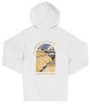 A white hooded sweatshirt with a graphic design depicting the Grand Canyon and the text "The Grand Canyon National Park" printed on it.