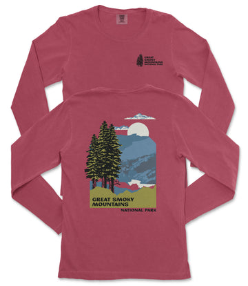 A red long-sleeved t-shirt with a graphic design depicting a mountain landscape with pine trees, a full moon, and clouds. The text on the t-shirt reads "GREAT SMOKY MOUNTAINS NATIONAL PARK".