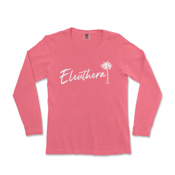 a women's pink long sleeve shirt with the word, eleththera