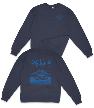 a navy blue sweatshirt with a graphic design on the back, featuring a mountain landscape and the text "Lassen Volcanic".
