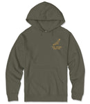 A dark green hooded sweatshirt with a graphic design on the front.