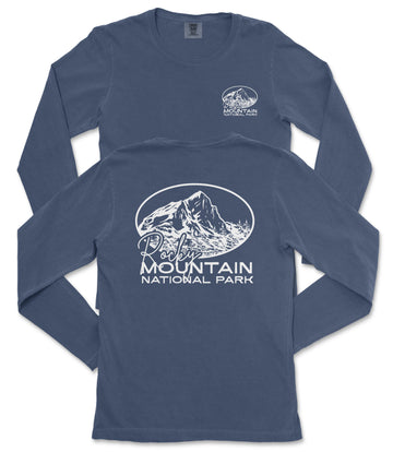 A navy blue long-sleeved t-shirt with a graphic design of a mountain and the text "Rocky Mountain National Park" printed on it.
