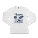 a white shirt with a picture of a wave and palm trees