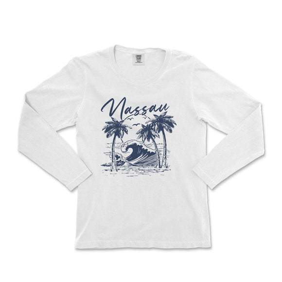 a white shirt with a picture of a wave and palm trees