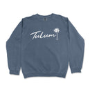 a blue sweatshirt with the word tulum written in white
