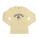 a women's long sleeve shirt with a palm tree and the word halena