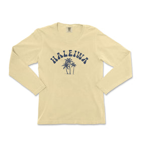 a women's long sleeve shirt with a palm tree and the word halena
