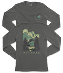 a gray long-sleeve t-shirt with a graphic design depicting a mountain landscape with trees and clouds. The text "OLYMPIC" is printed below the image.