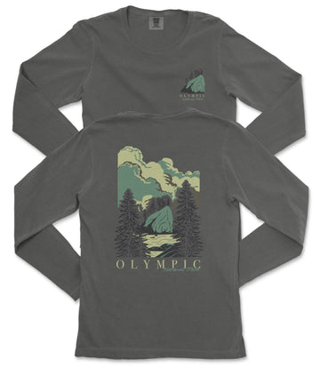 a gray long-sleeve t-shirt with a graphic design depicting a mountain landscape with trees and clouds. The text "OLYMPIC" is printed below the image.