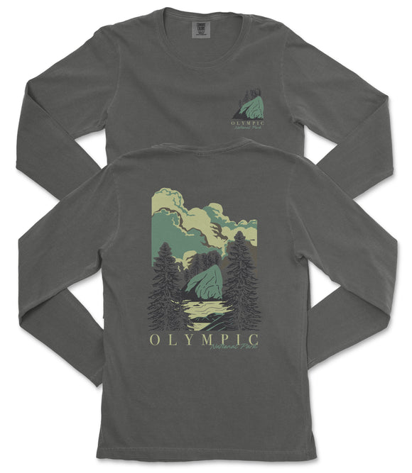 a gray long-sleeve t-shirt with a graphic design depicting a mountain landscape with trees and clouds. The text "OLYMPIC" is printed below the image.