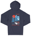 A navy blue hooded sweatshirt with a graphic design featuring a mountain landscape, a tree, and a sun. The text "BANFF NATIONAL PARK" is printed on the back of the sweatshirt.