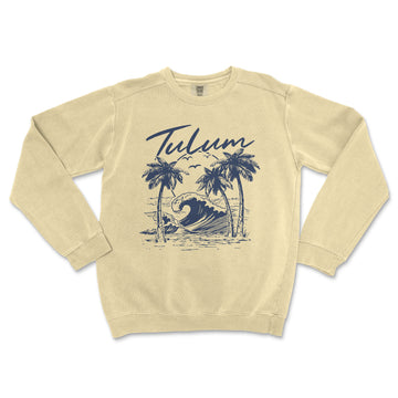 a sweatshirt with a palm tree and a surfboard on it