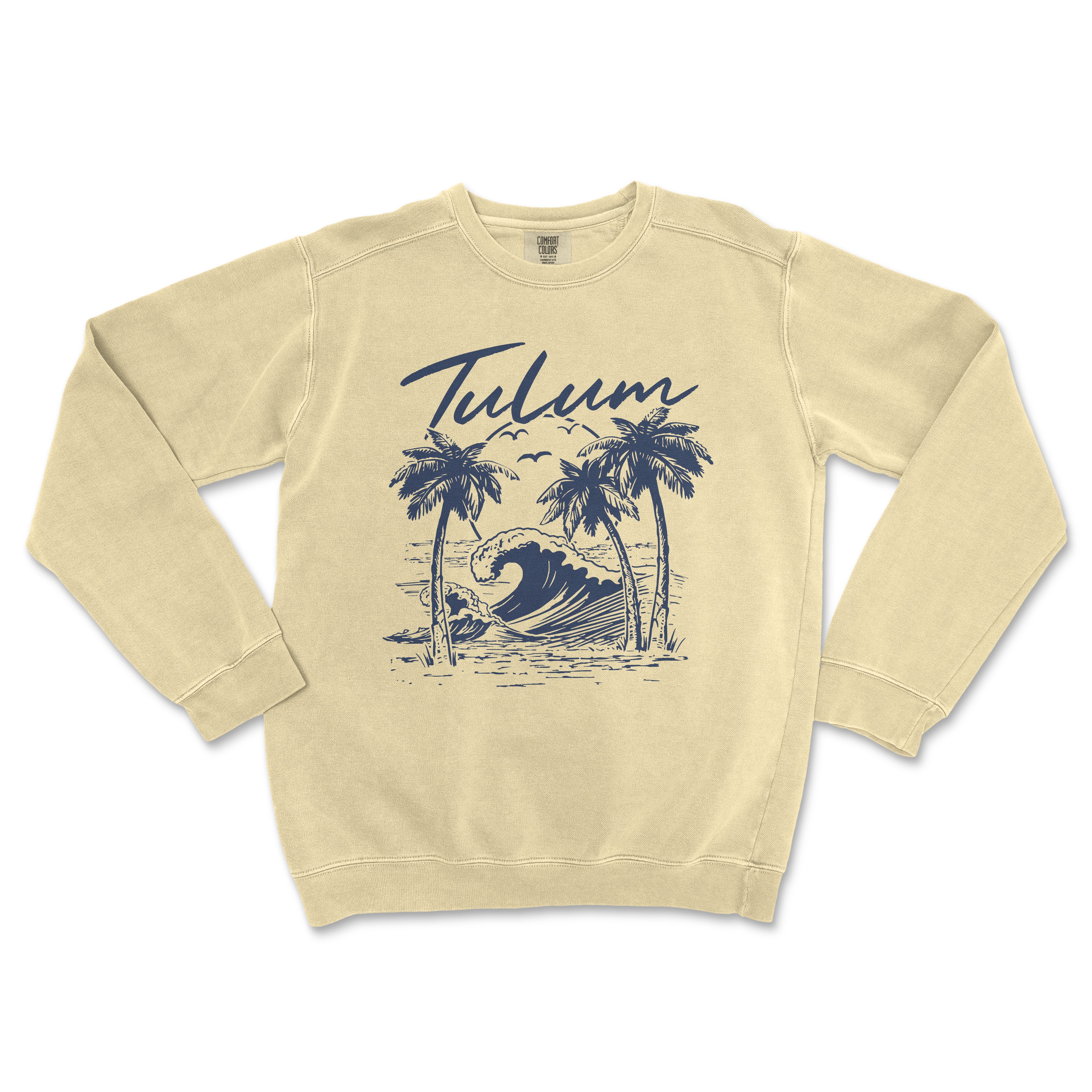 a sweatshirt with a palm tree and a surfboard on it