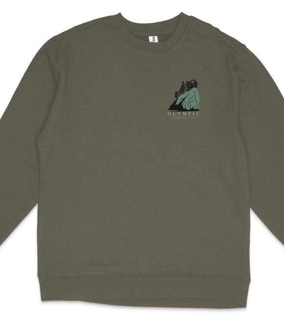 A gray sweatshirt with a graphic design on the front, depicting a mountain landscape with trees.