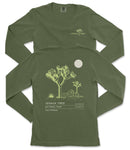 a green long-sleeved t-shirt with a graphic design depicting a Joshua tree and a full moon.