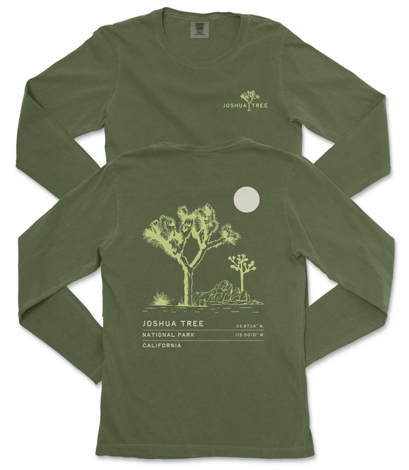 a green long-sleeved t-shirt with a graphic design depicting a Joshua tree and a full moon.