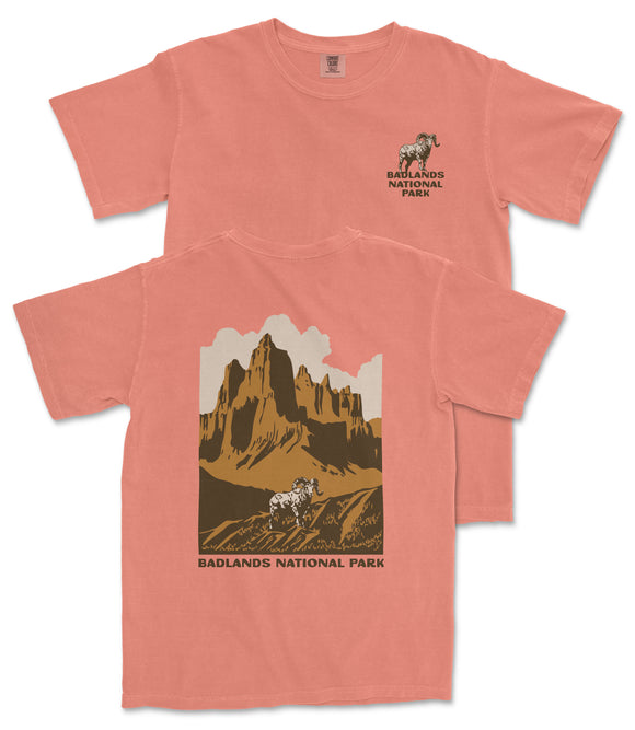 a pink t-shirt with a graphic design depicting a mountain landscape and a goat. The text on the t-shirt reads "Baldlands National Park".