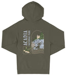 A dark green hooded sweatshirt with a graphic design on the back, depicting a scenic landscape with a castle, trees, and mountains.