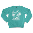 a turquoise sweatshirt with a surfboard and palm trees