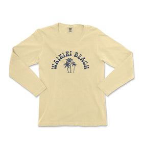 a women's long - sleeved shirt with a palm tree and the words