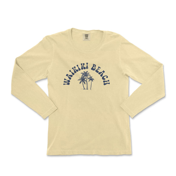 a women's long - sleeved shirt with a palm tree and the words