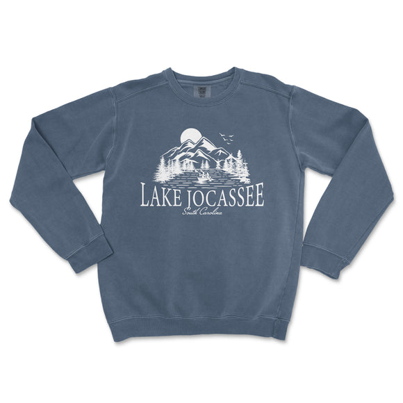 a blue sweatshirt with the lake jocasse logo on it
