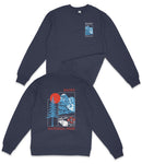 a navy blue sweatshirt with a graphic design on the back, depicting a mountain landscape with a sun and clouds.