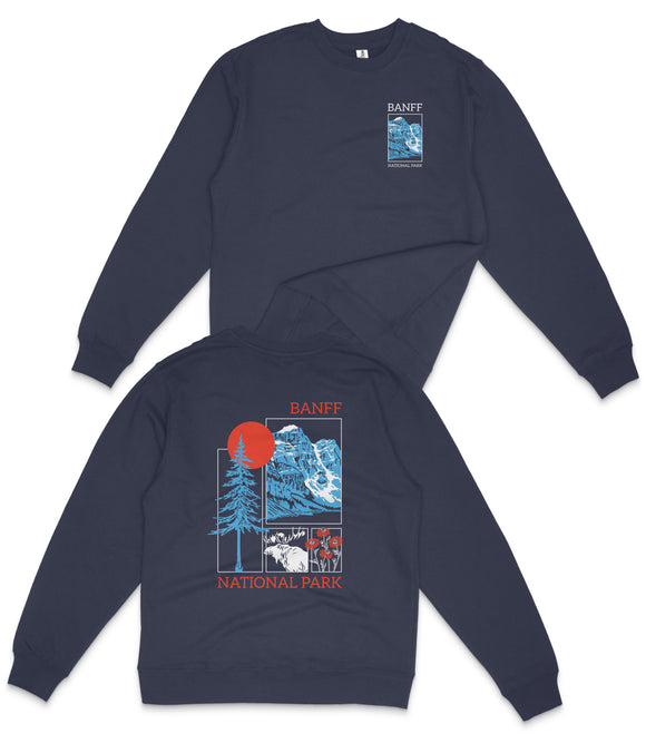 a navy blue sweatshirt with a graphic design on the back, depicting a mountain landscape with a sun and clouds.