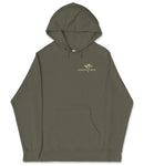 A dark green hoodie with a logo on the front.