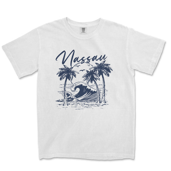a white t - shirt with a picture of a wave and palm trees