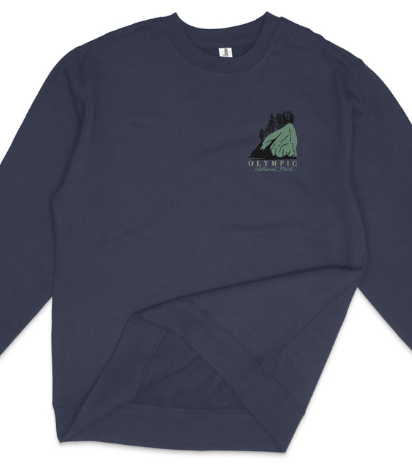 A navy blue long-sleeved shirt with a graphic design on the front, featuring a mountain landscape and the text "OLYMPIC National Park".