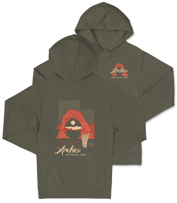 A hooded sweatshirt with a graphic design featuring a desert landscape and the text "Arches National Park" printed on it.