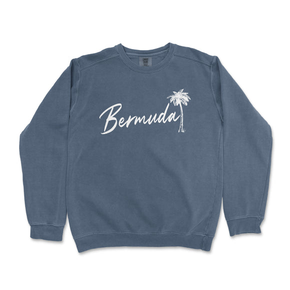 a blue sweatshirt with a palm tree in the background