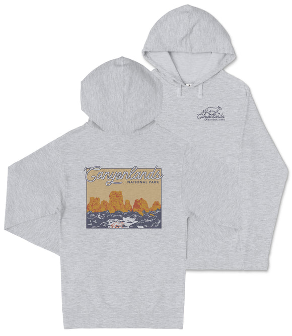 A gray hooded sweatshirt with a graphic design depicting a scenic landscape, likely representing the Canylands National Park.