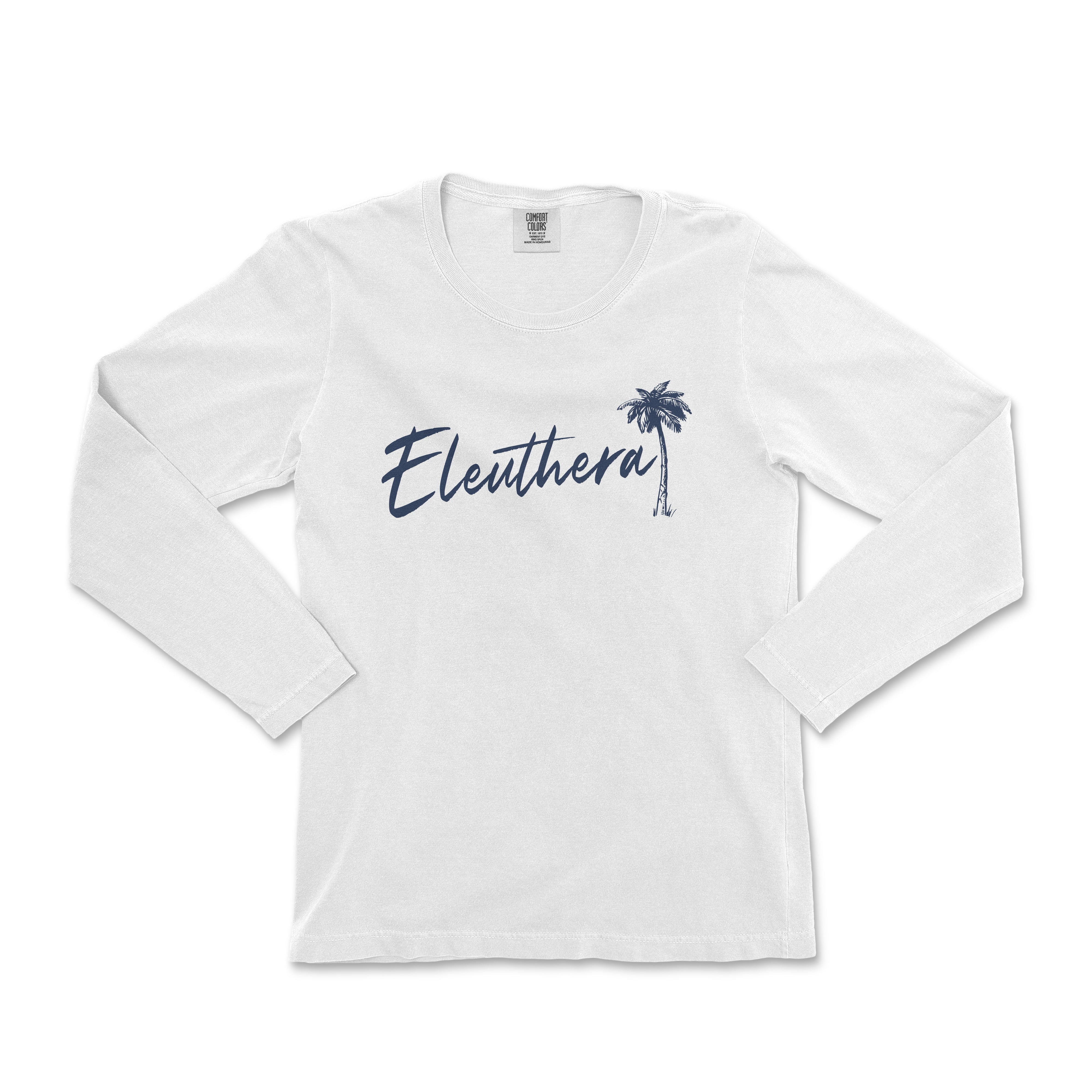 a white long sleeve shirt with a palm tree on the front