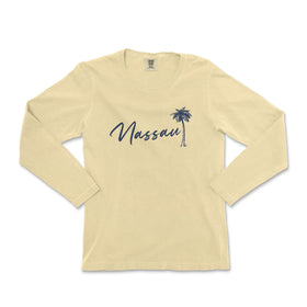 a women's long sleeve shirt with a palm tree in the background
