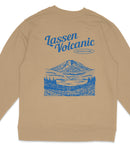 A beige sweatshirt with a graphic design depicting a mountain landscape with a lake and trees.