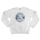 a white sweatshirt with a blue print on it