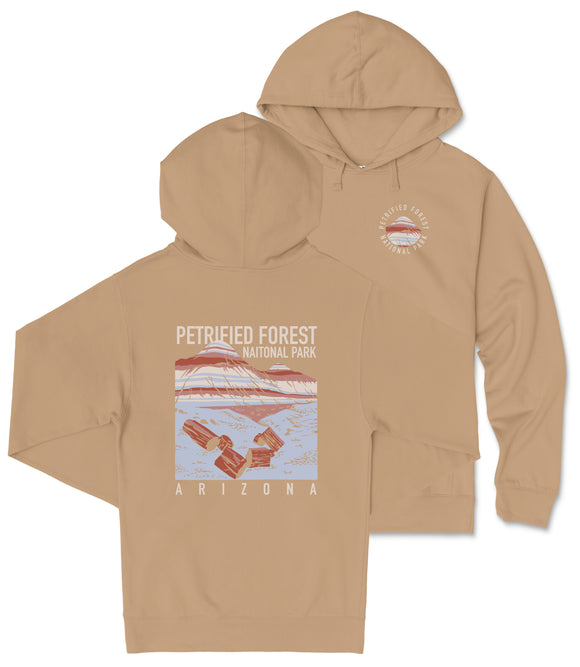 A beige hooded sweatshirt with a graphic design depicting a mountain range and the text "PETRIFIED FOREST NATIONAL PARK ARIZONA" printed on it.