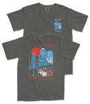a gray t-shirt with a graphic design depicting a mountain landscape, including a sun, pine trees, and wildlife. The text on the t-shirt reads "BANFF NATIONAL PARK" and "BANFF" is written in a larger font size than the rest of the text.