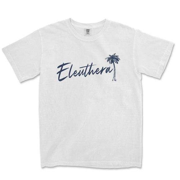 a white t - shirt with the word eleuthera printed on it