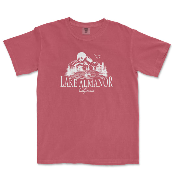 a red shirt that says lake almaor on it