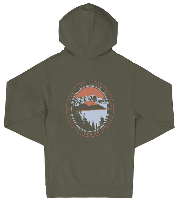 A dark green hooded sweatshirt with a circular graphic design on the back featuring a mountain landscape and the text "Crest Lake National Recreation Area Oregon".