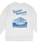 A white sweatshirt with a graphic design depicting a mountain landscape with a lake and forest in the background.