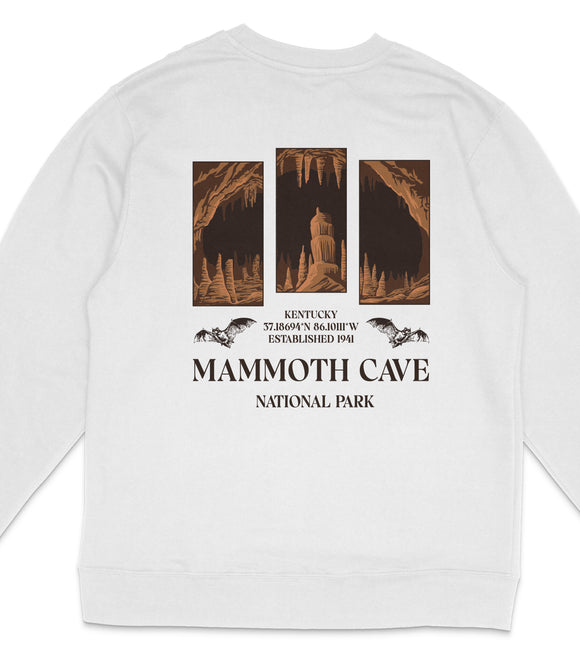 The image is a white sweatshirt with a graphic design featuring three images of the Mammoth Cave National Park in Kentucky.