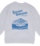 A gray sweatshirt with a graphic design depicting a mountain landscape and a lake.