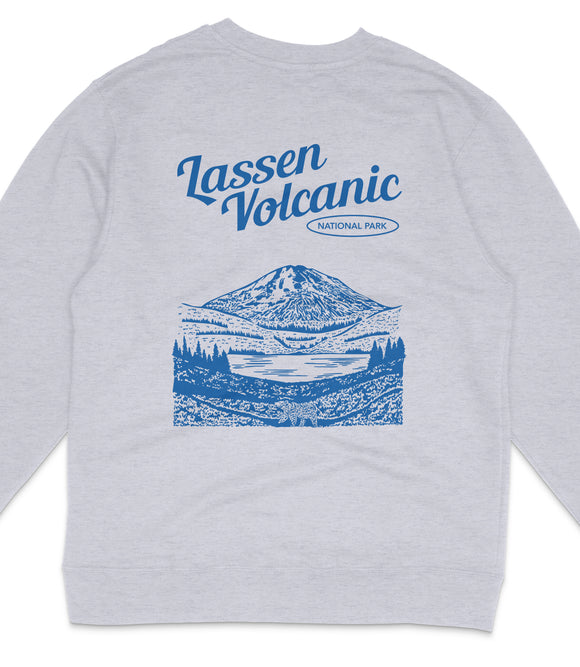 A gray sweatshirt with a graphic design depicting a mountain landscape and a lake.