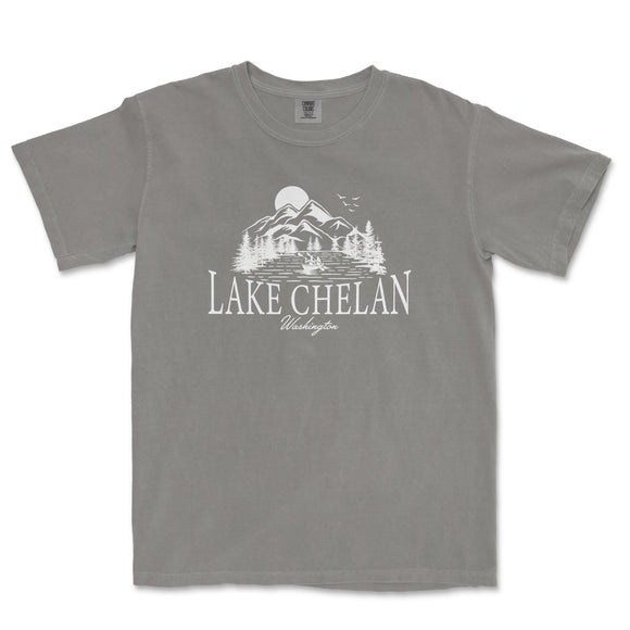 a gray lake chelan t - shirt on a white background