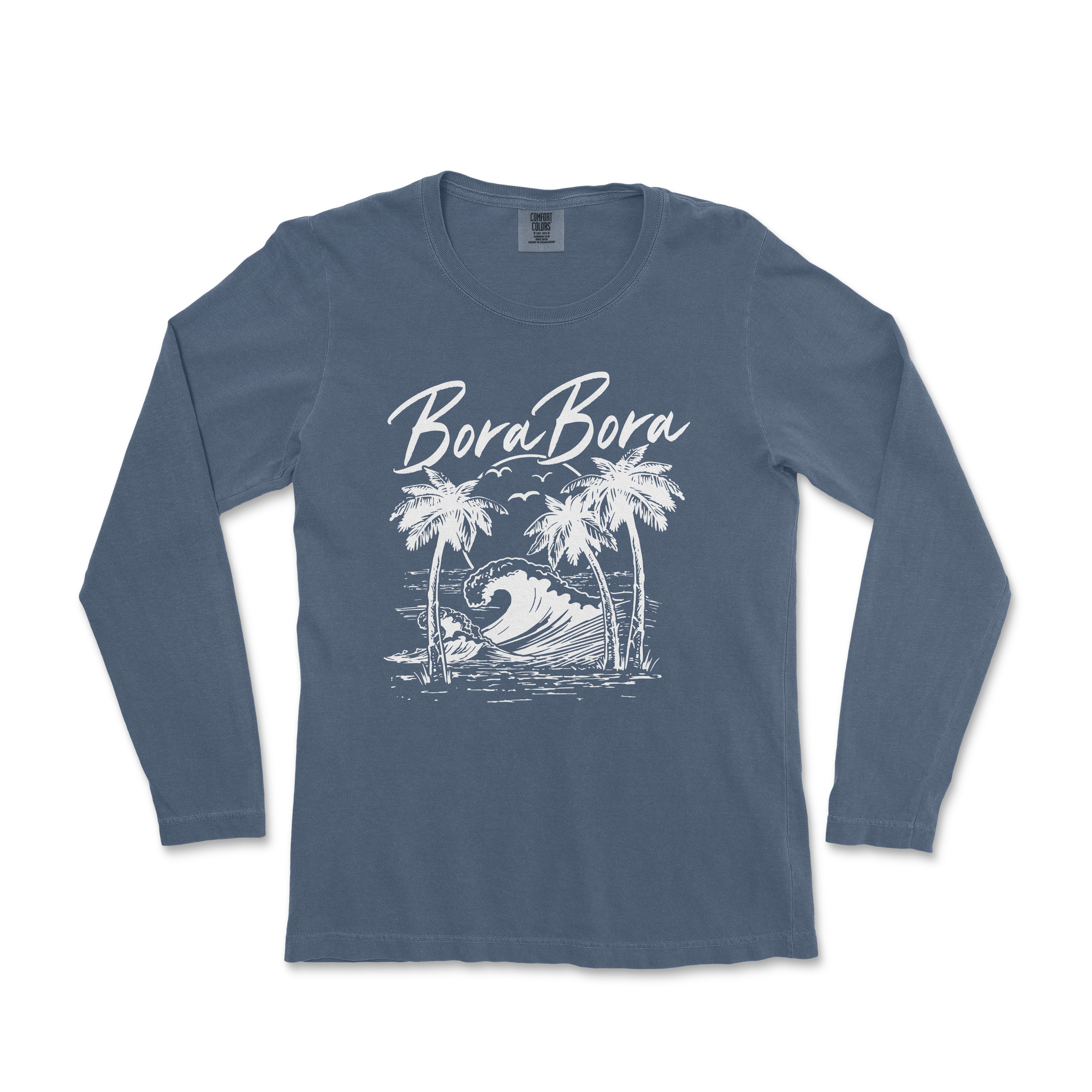 a women's long - sleeved shirt with a surfboard and palm trees