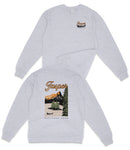 A grey sweatshirt with a graphic design depicting a scenic landscape with mountains, trees, and a river.